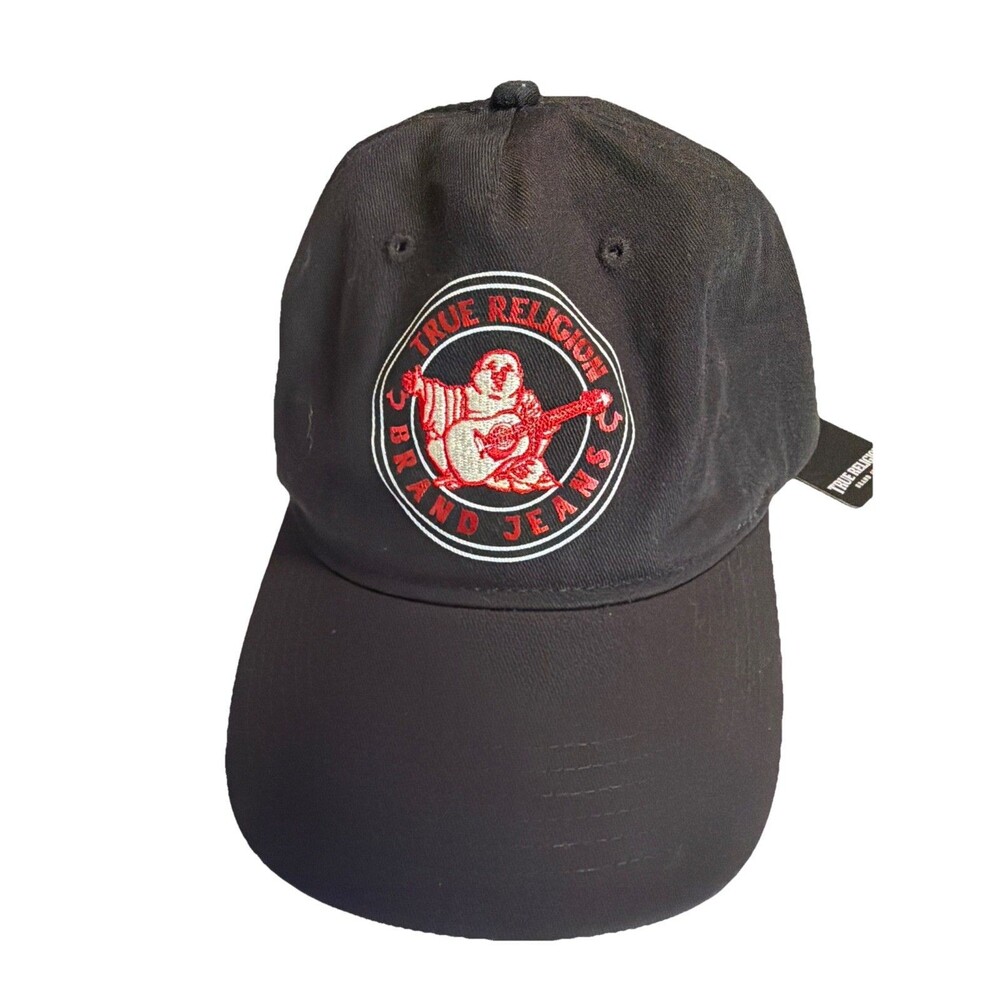 True Religion Buddha Embroidered Baseball Cap Black Red Adjustable Hat NWT